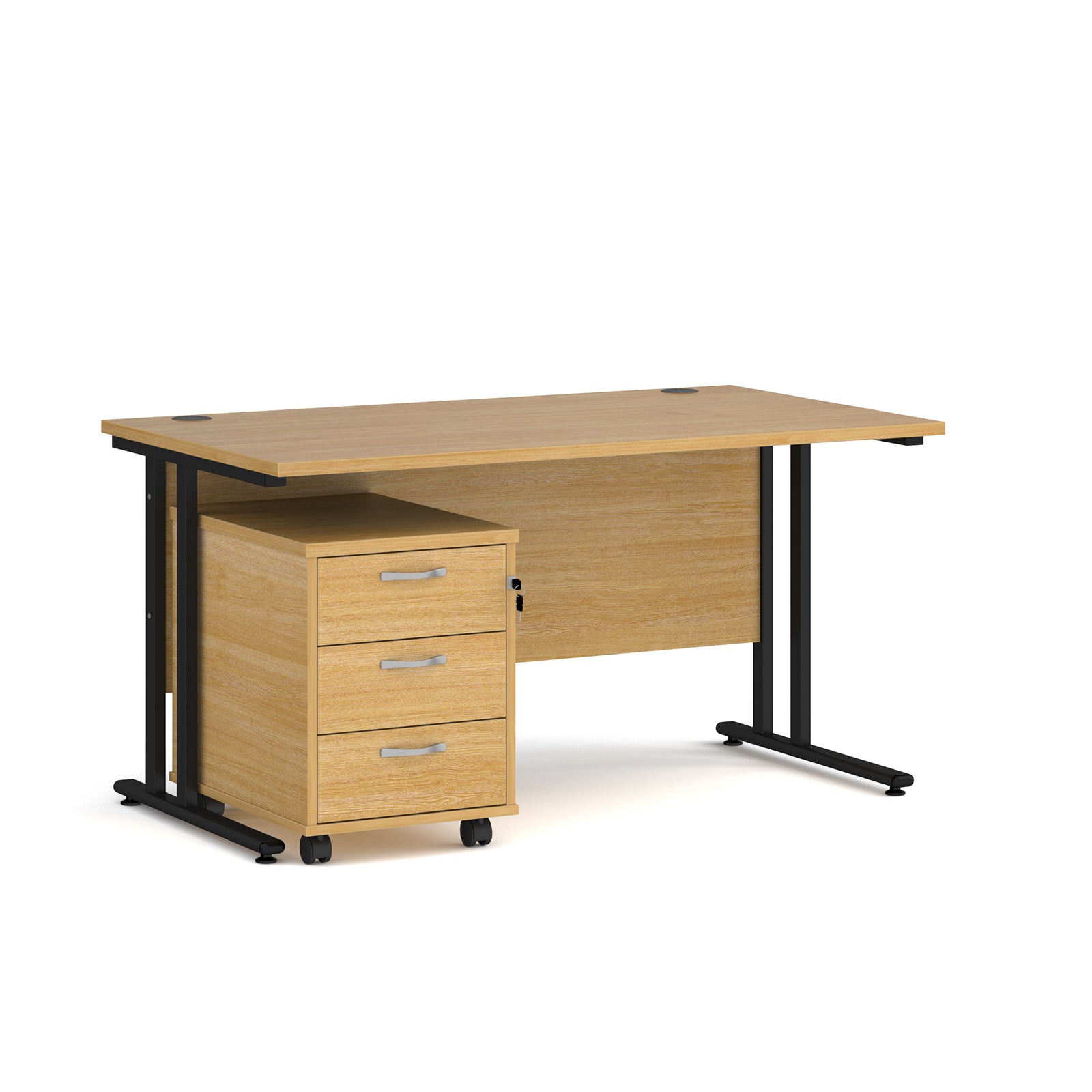 Wooden office desk with black legs and a matching pedestal on a white background