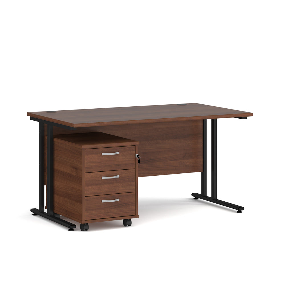 Wooden office desk with a matching pedestal on a white background