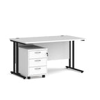 White office desk with black legs and a white pedestal unit on a white background
