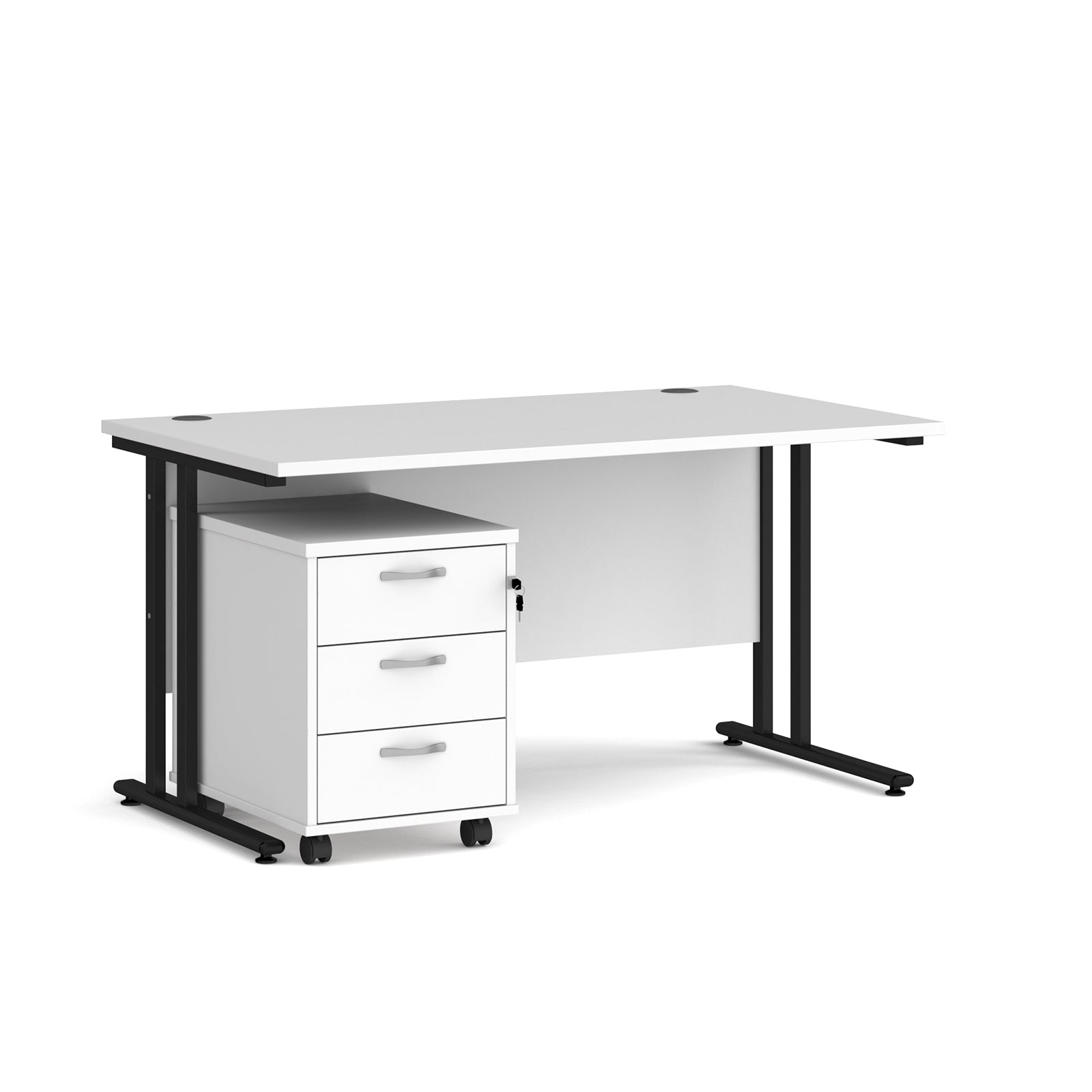 White office desk with black legs and a white pedestal unit on a white background