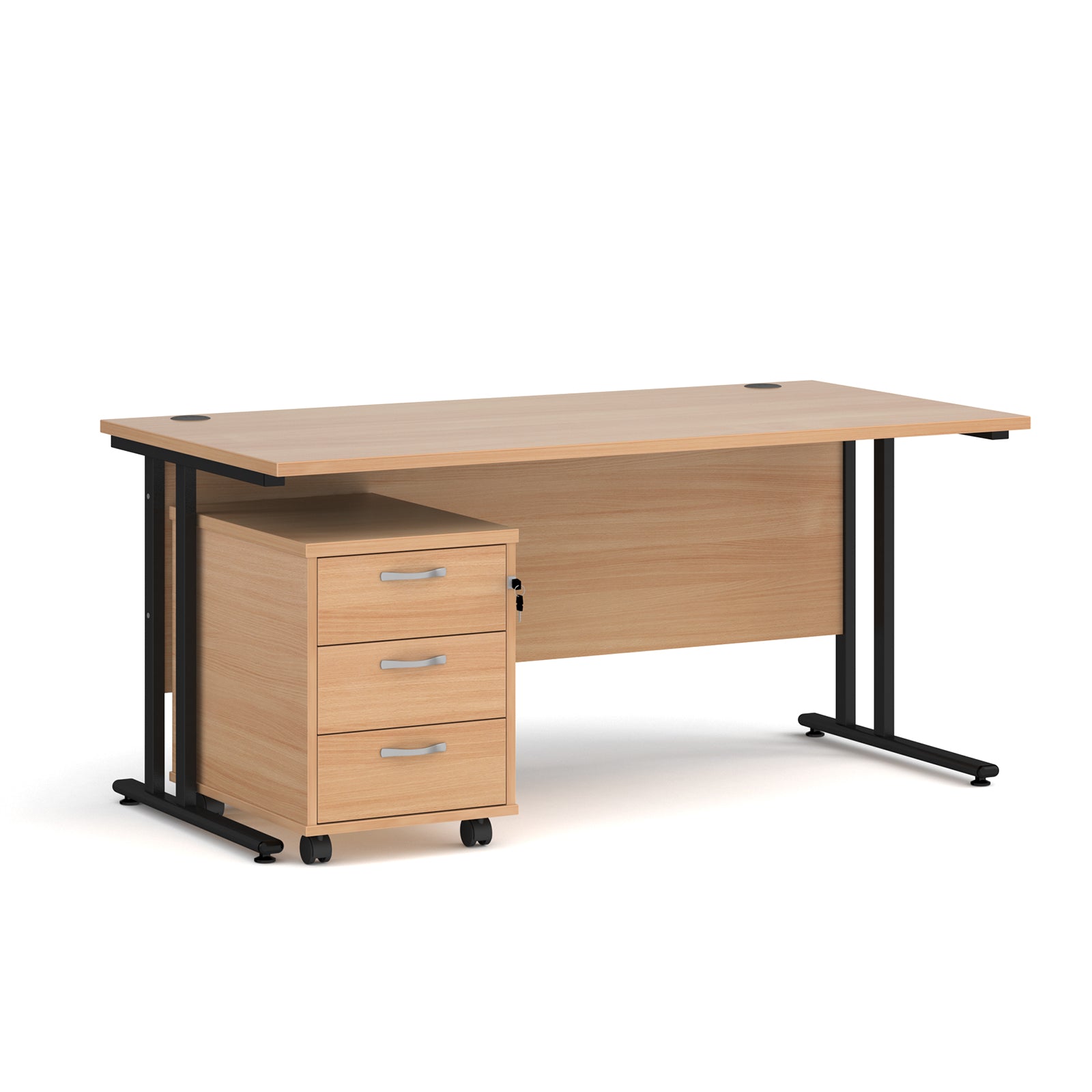 Wooden office desk with black legs on a white background