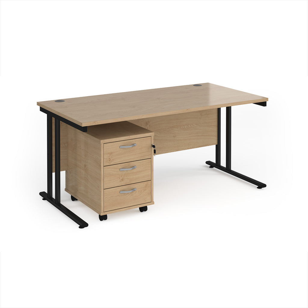 Wooden desk with pedestal on a white background