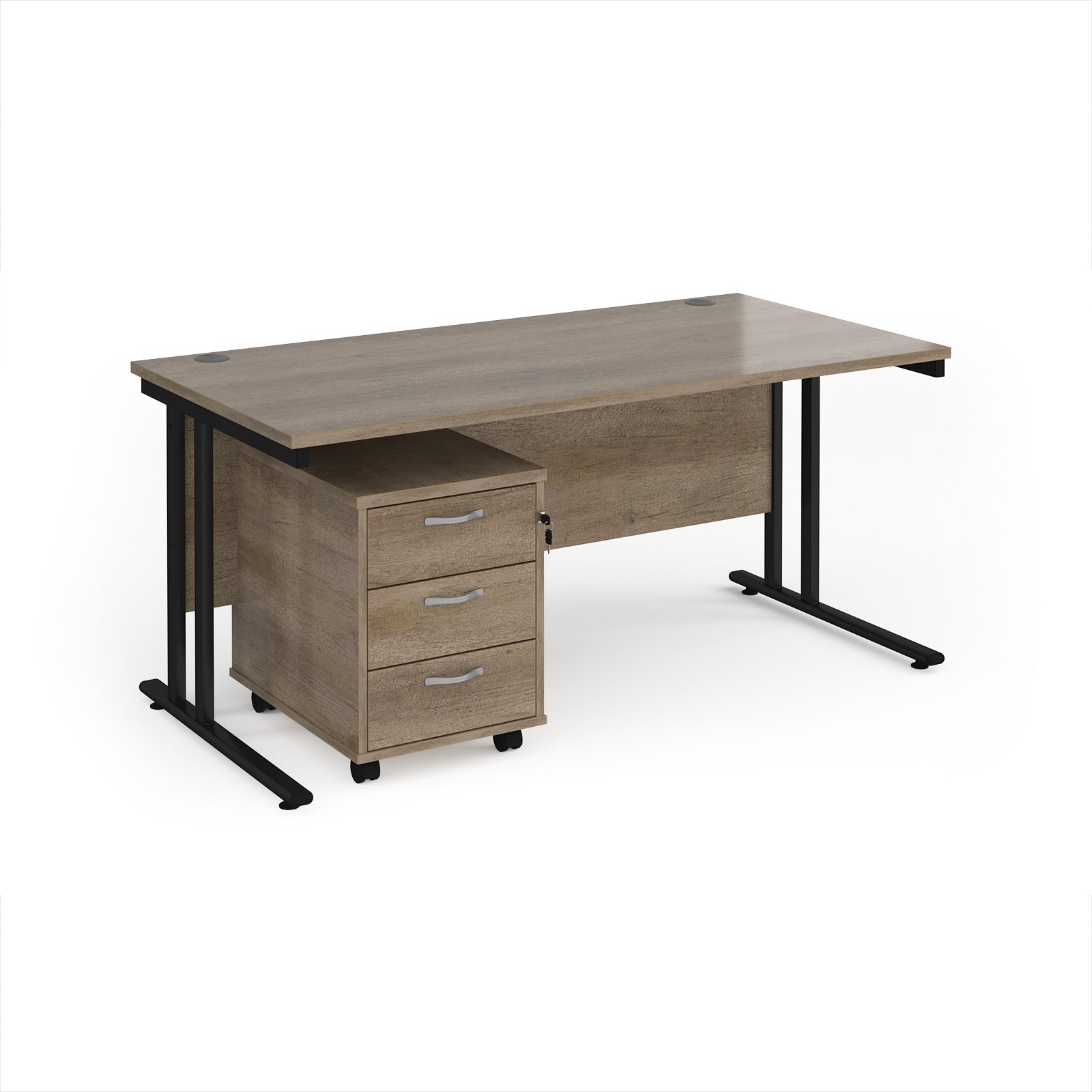 Wooden desk with black legs and a matching pedestal on a white background