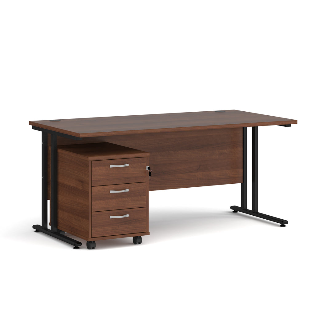 Wooden office desk with a black metal frame and a matching pedestal on a white background