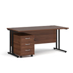 Wooden office desk with a black metal frame and a matching pedestal on a white background