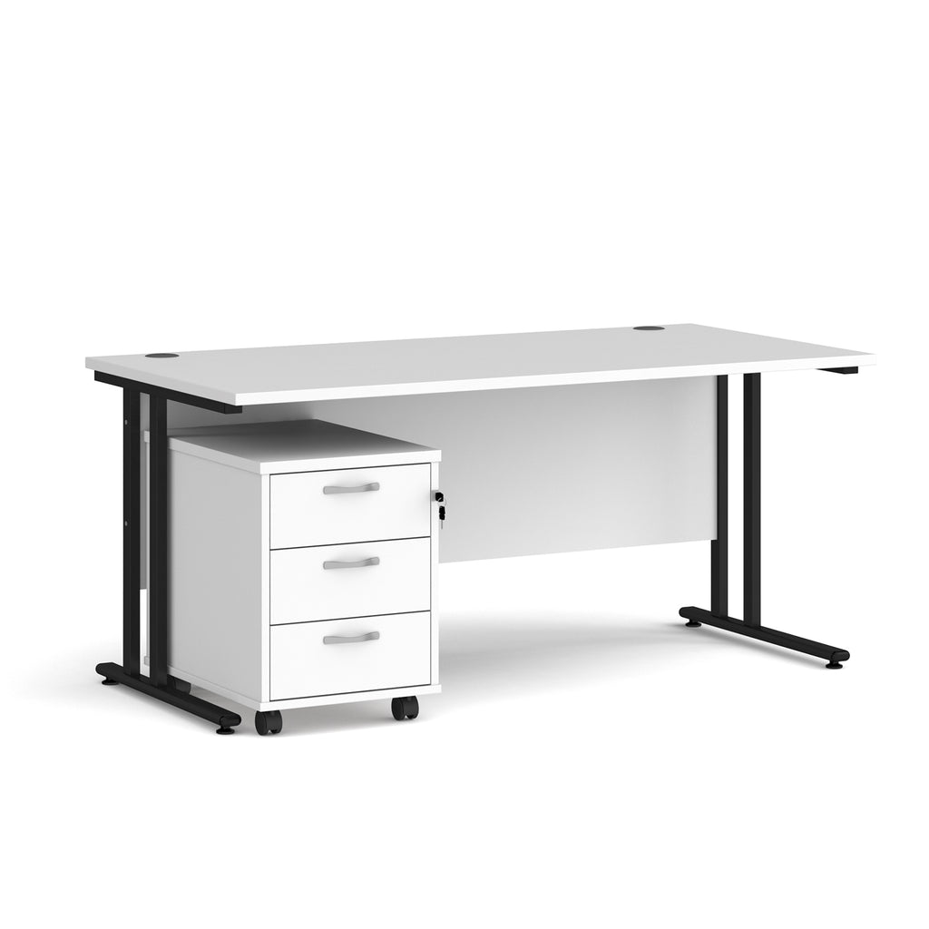 White office desk with black legs and a white pedestal cabinet on a white background
