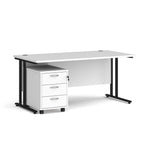White office desk with black legs and a white pedestal cabinet on a white background