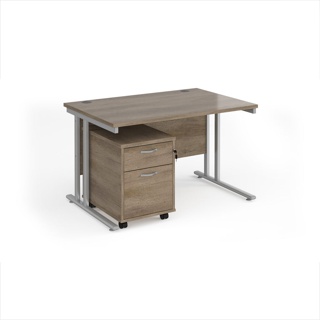 Wooden desk with metal legs and a matching pedestal on a white background