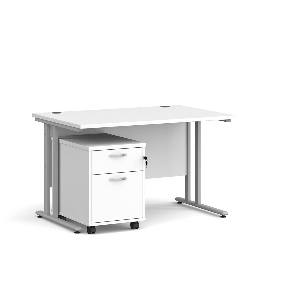 White office desk with a silver frame on a white background