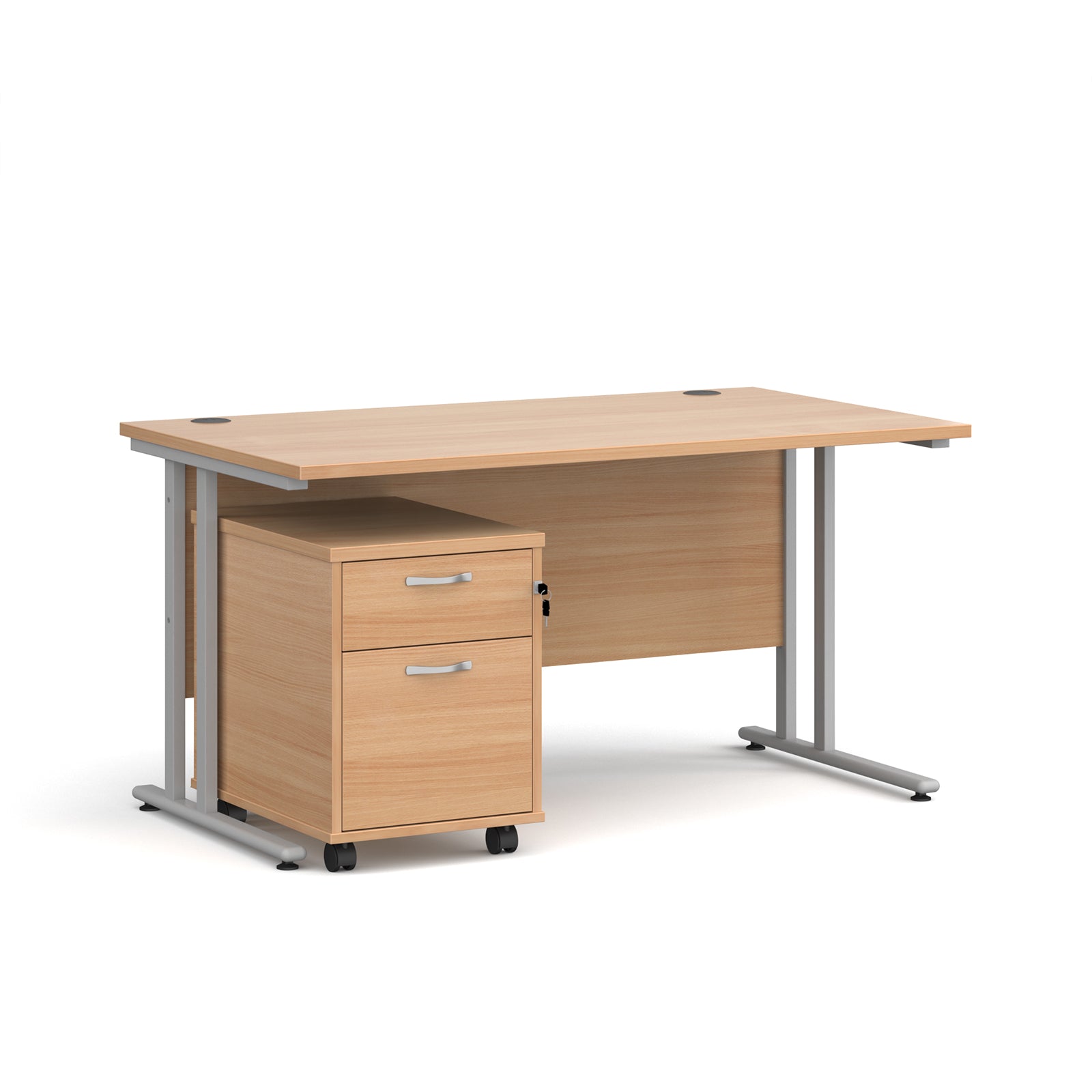 Wooden office desk with a metal frame and a matching pedestal on a white background