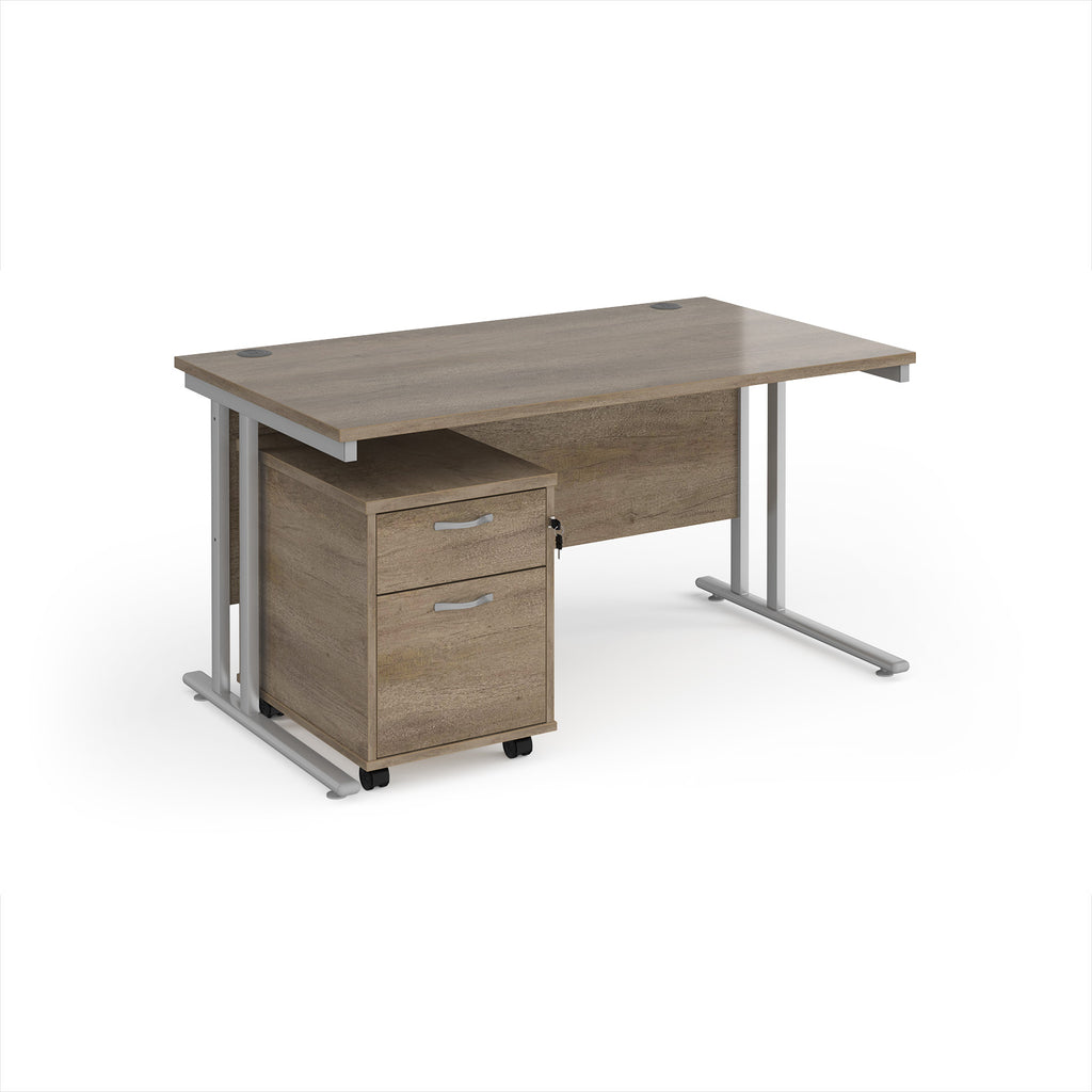 Wooden office desk with a metal frame on a white background