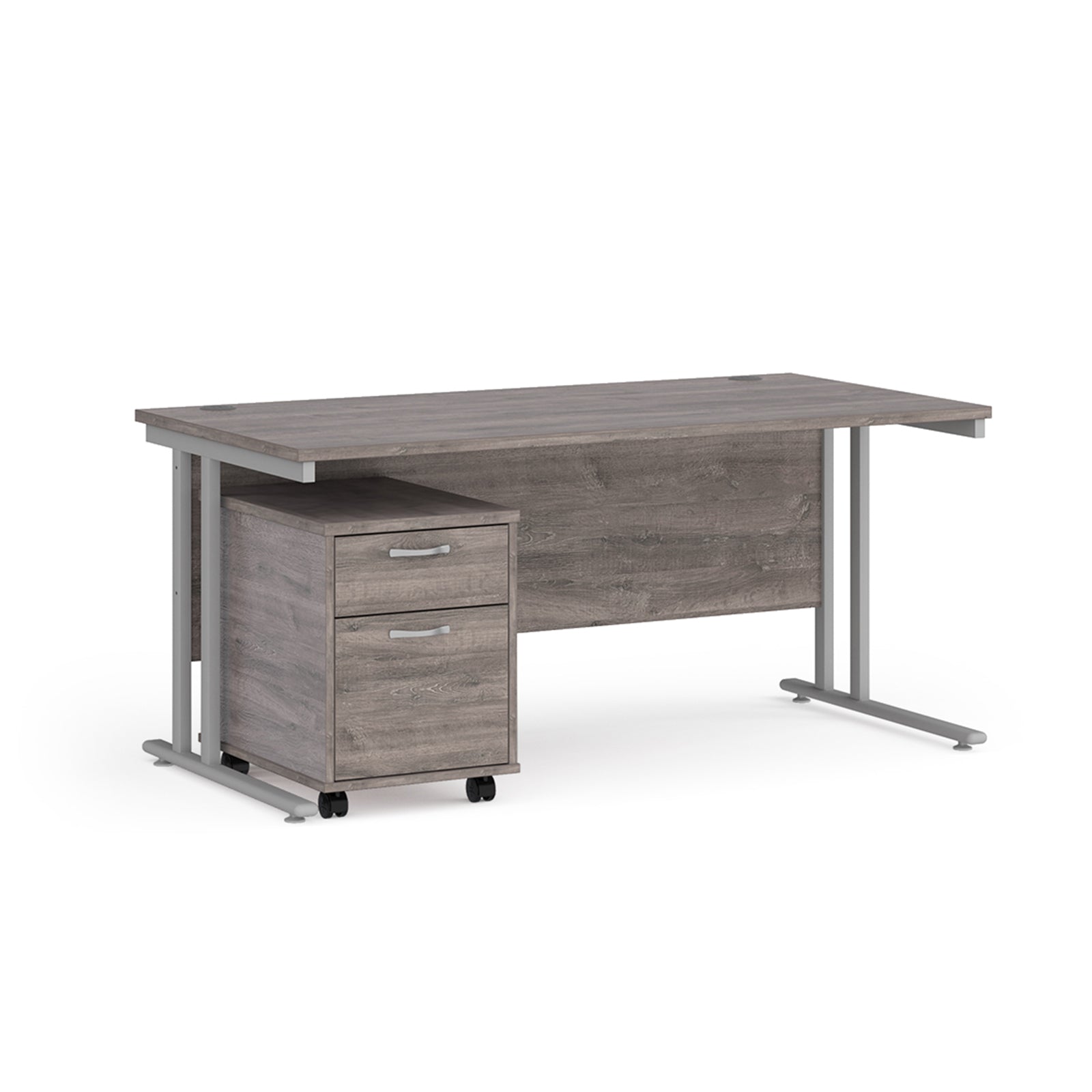 Wooden office desk with metal legs on a white background