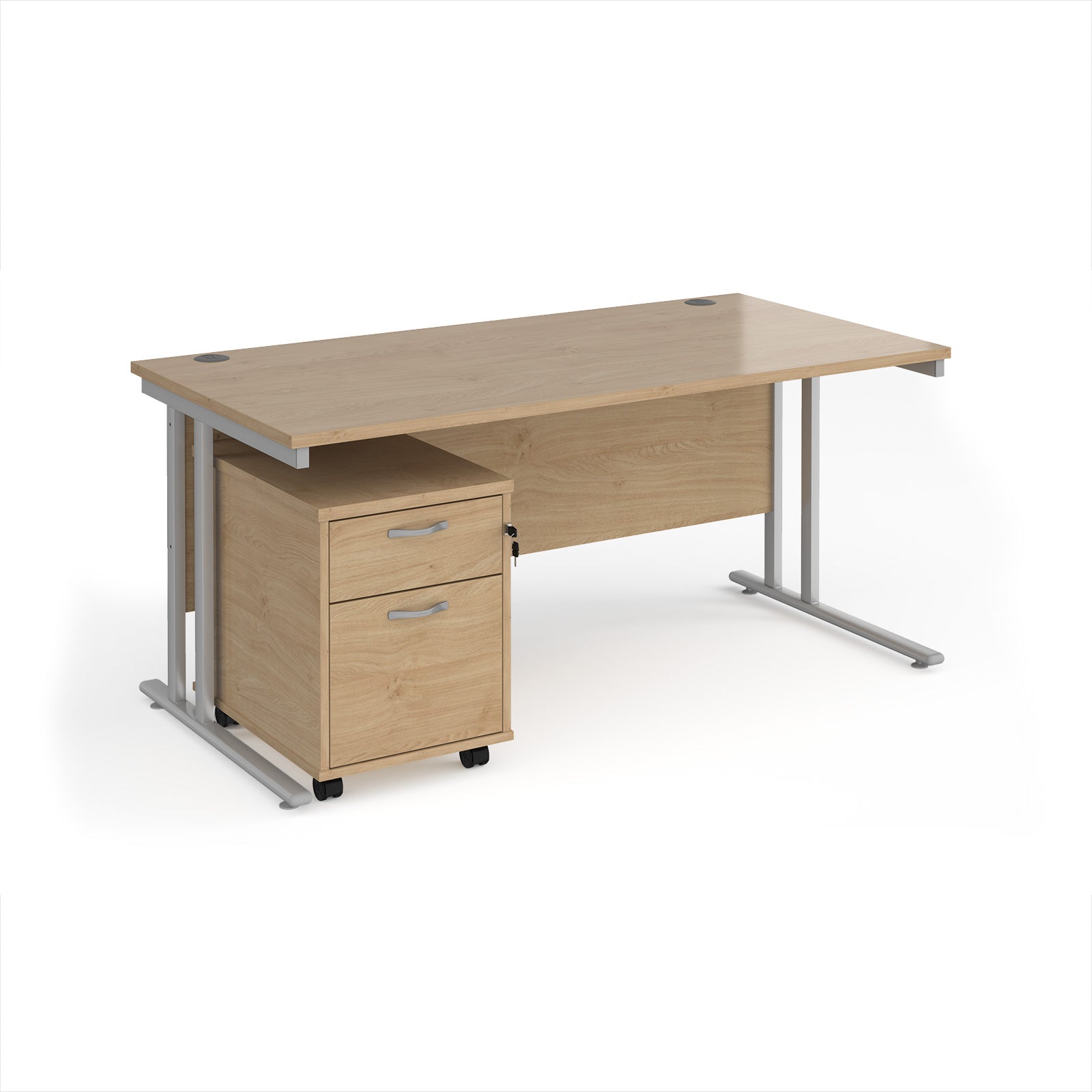 Wooden office desk with metal legs and a drawer unit on a white background