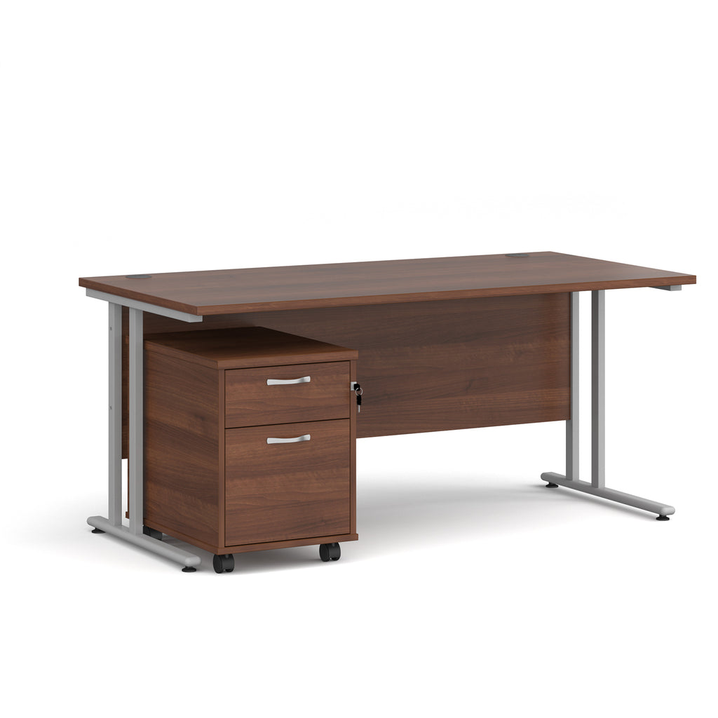 Wooden desk with a matching pedestal on a white background