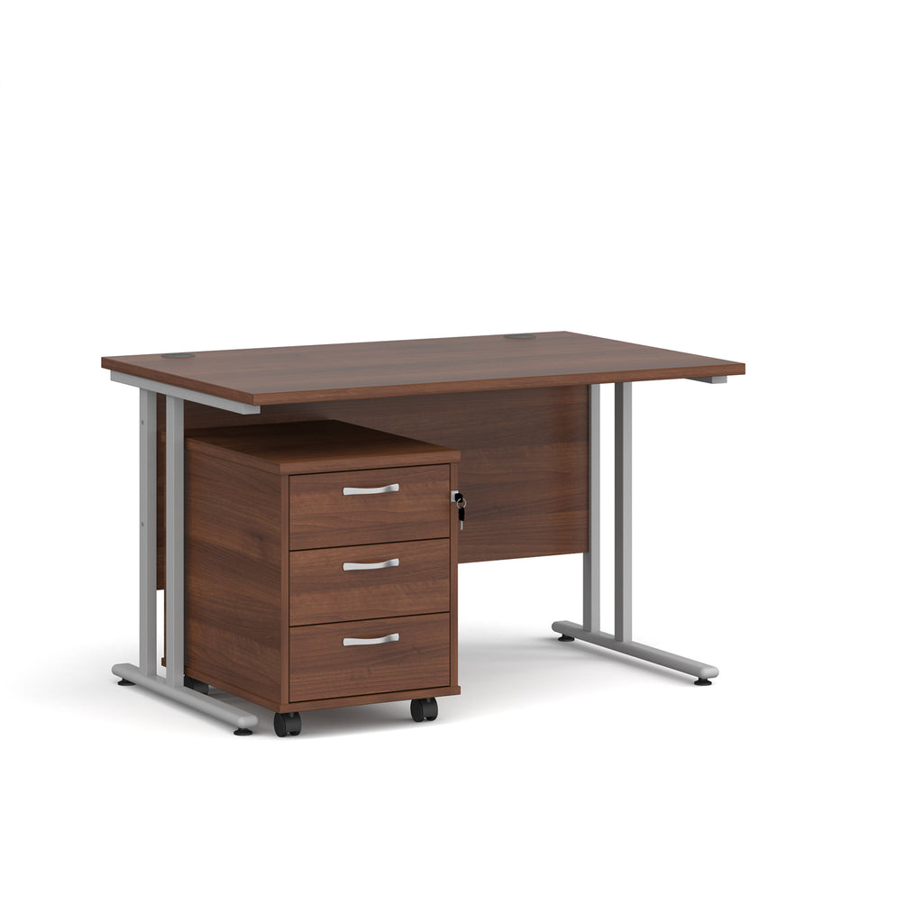 Wooden desk with metal frame and drawers on a white background