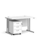 White office desk with a metal frame and a matching pedestal on a white background