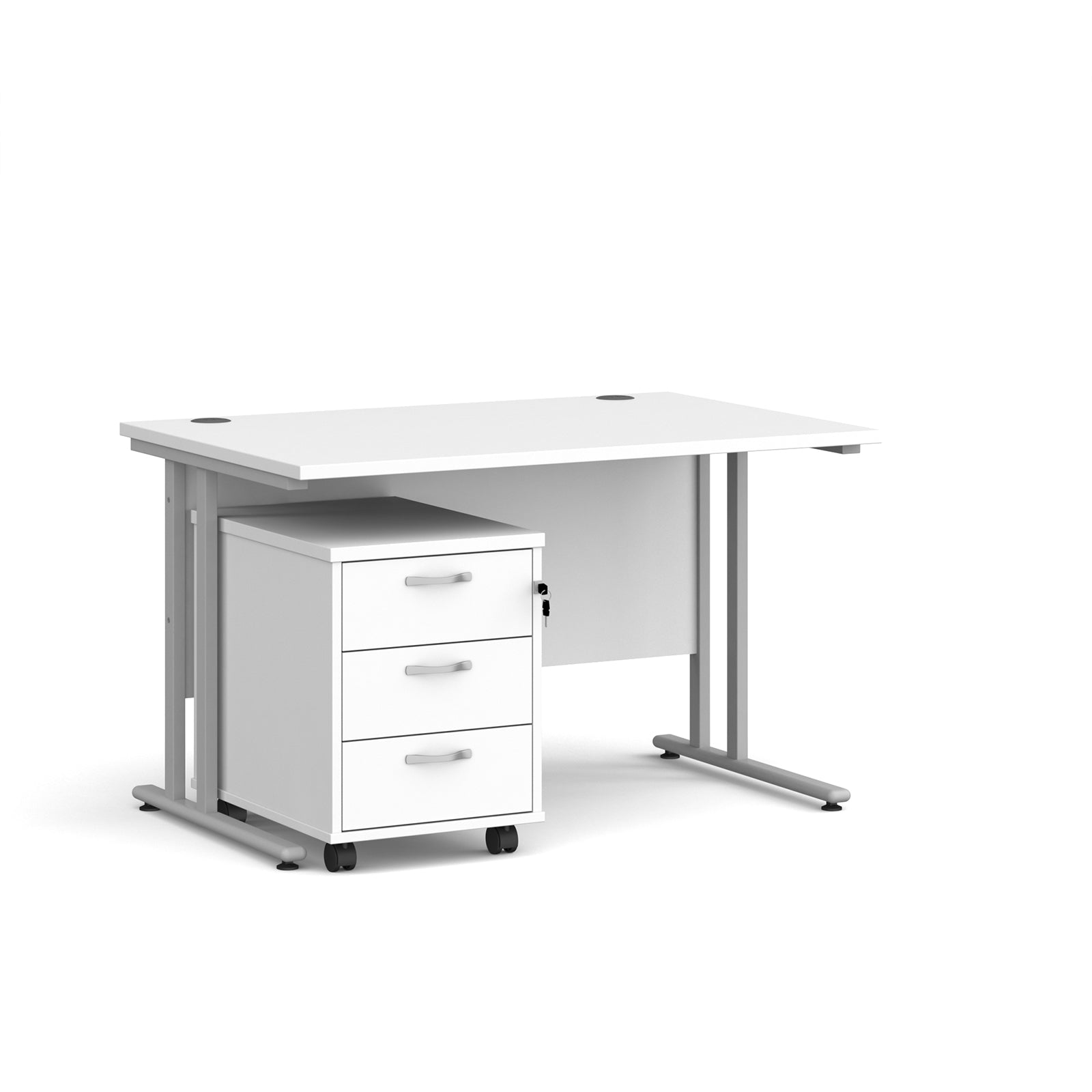 White office desk with a metal frame and a matching pedestal on a white background