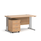 Wooden office desk with a metal frame and a matching pedestal on a white background