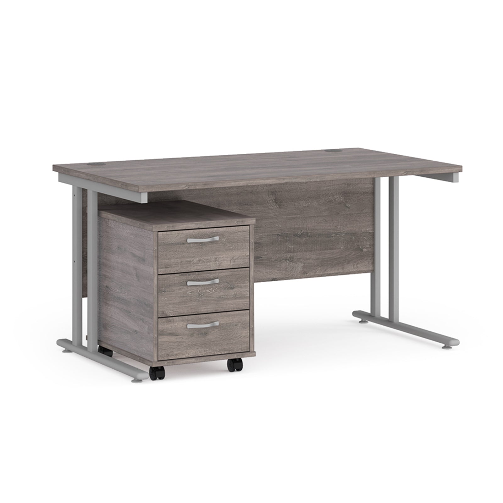 Wooden office desk with a metal frame and a matching pedestal on a white background