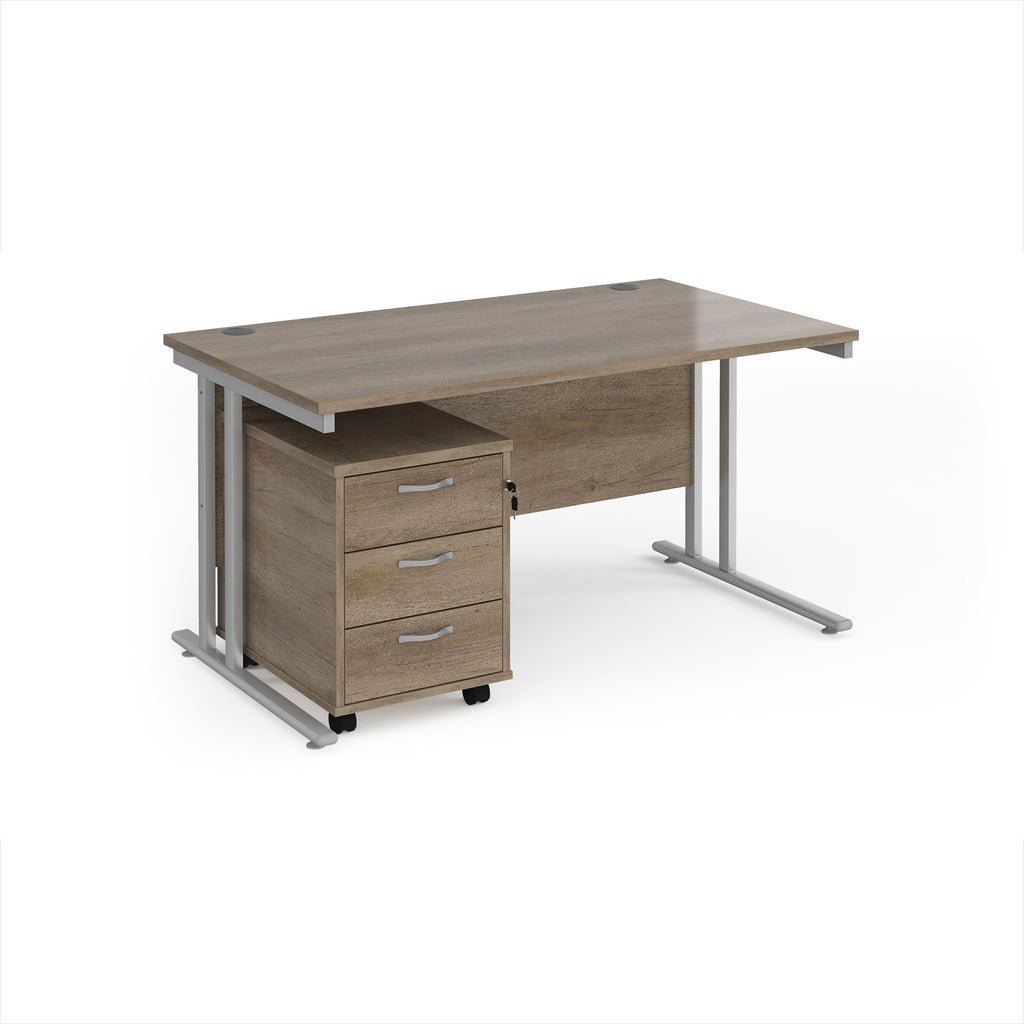 Wooden office desk with metal legs on a white background