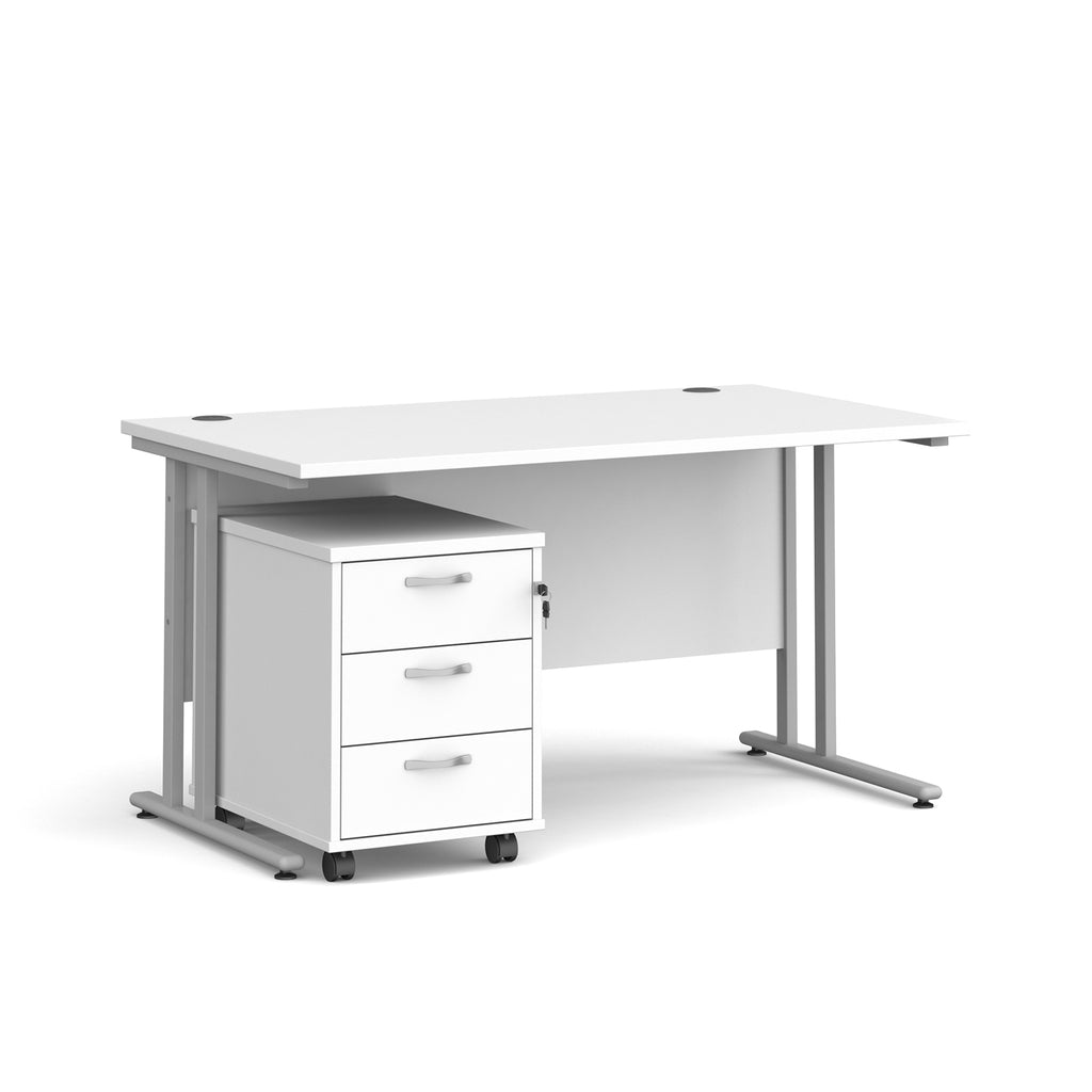 White office desk with a silver frame on a white background