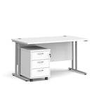 White office desk with a silver frame on a white background