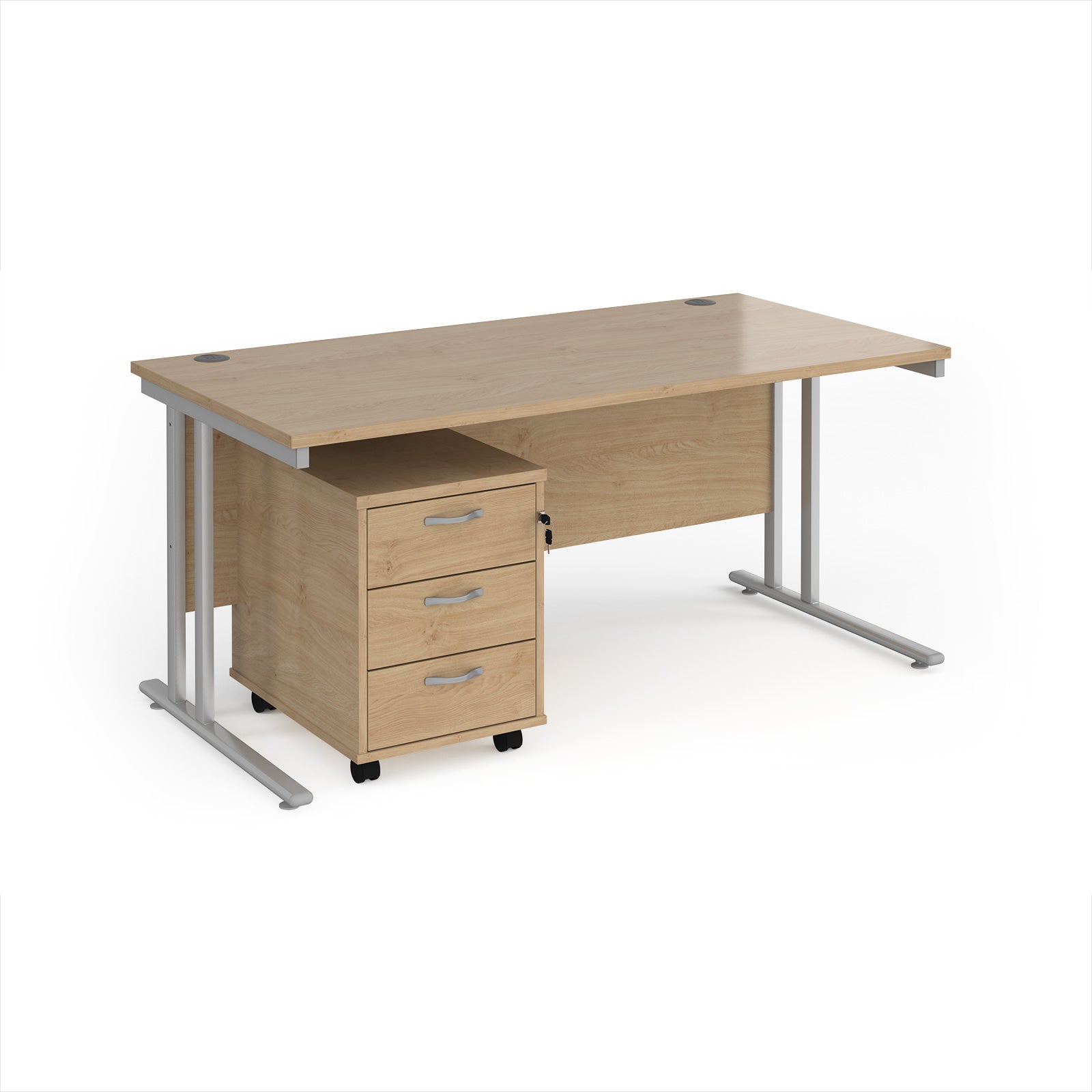 Wooden office desk with silver legs on a white background