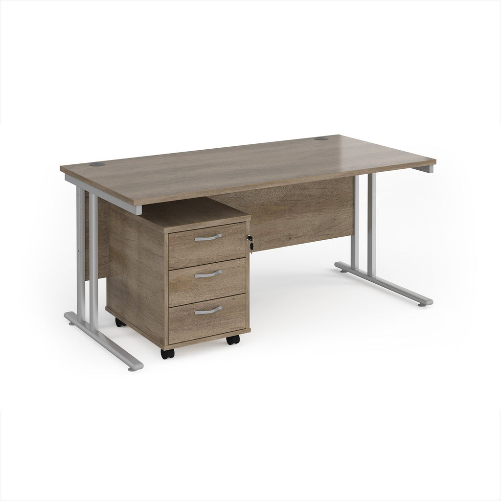 Wooden office desk with a metal frame and drawers on a white background