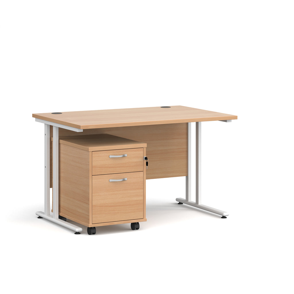 Wooden desk with a matching pedestal on a white background