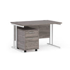 Wooden office desk with a metal frame and a matching pedestal on a white background