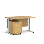 Wooden desk with white metal frame and matching pedestal on a white background