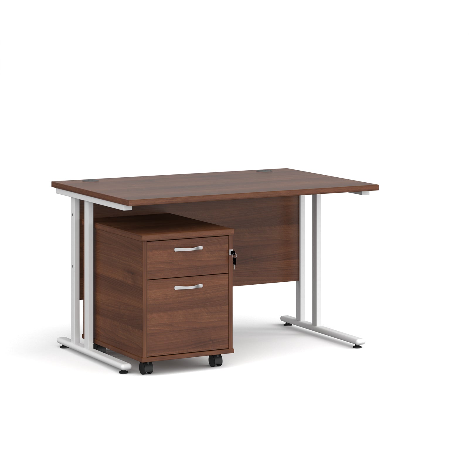 Wooden office desk with a metal frame and a matching pedestal on a white background