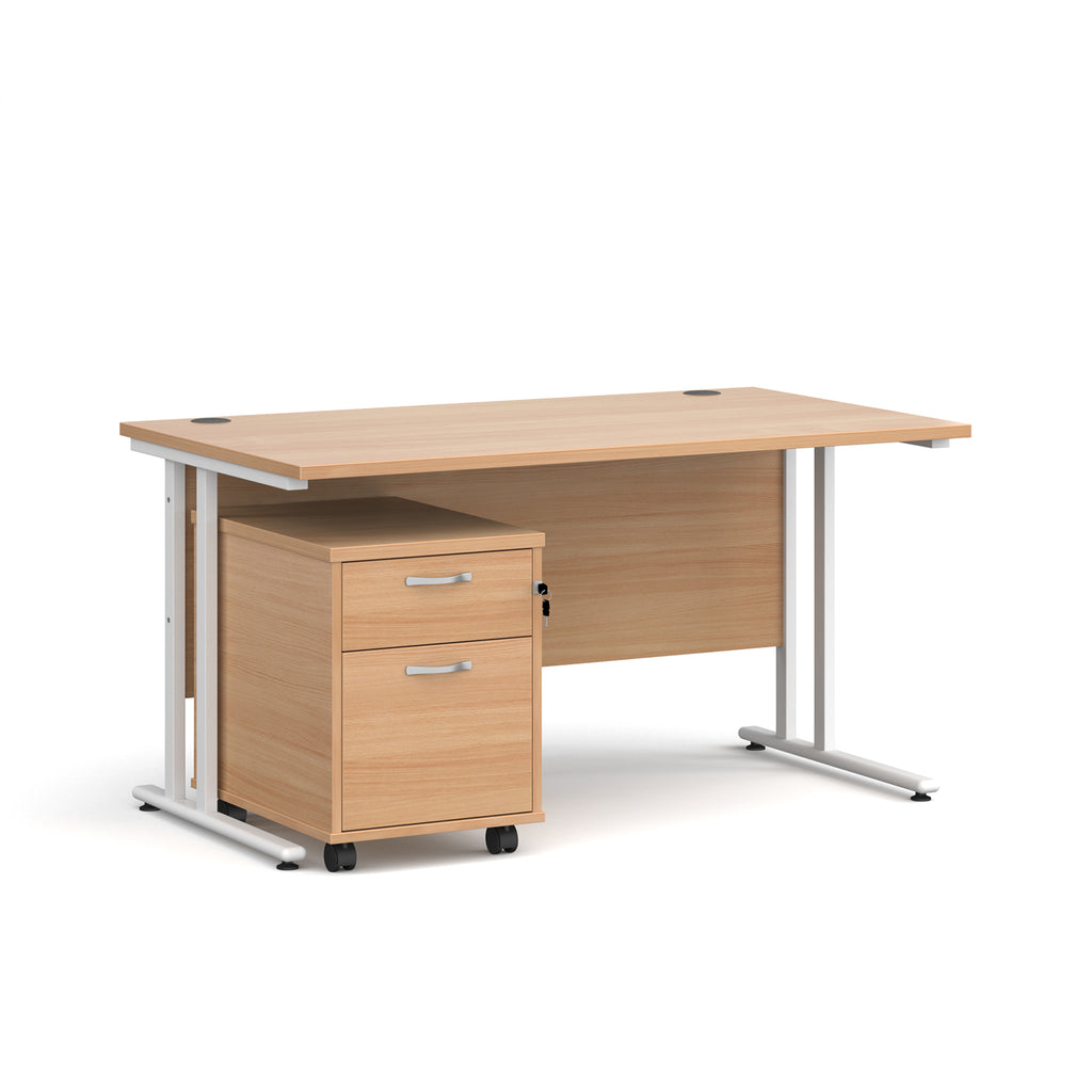 Wooden office desk with a white metal frame and a matching pedestal on a white background