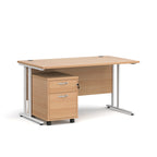 Wooden office desk with a white metal frame and a matching pedestal on a white background