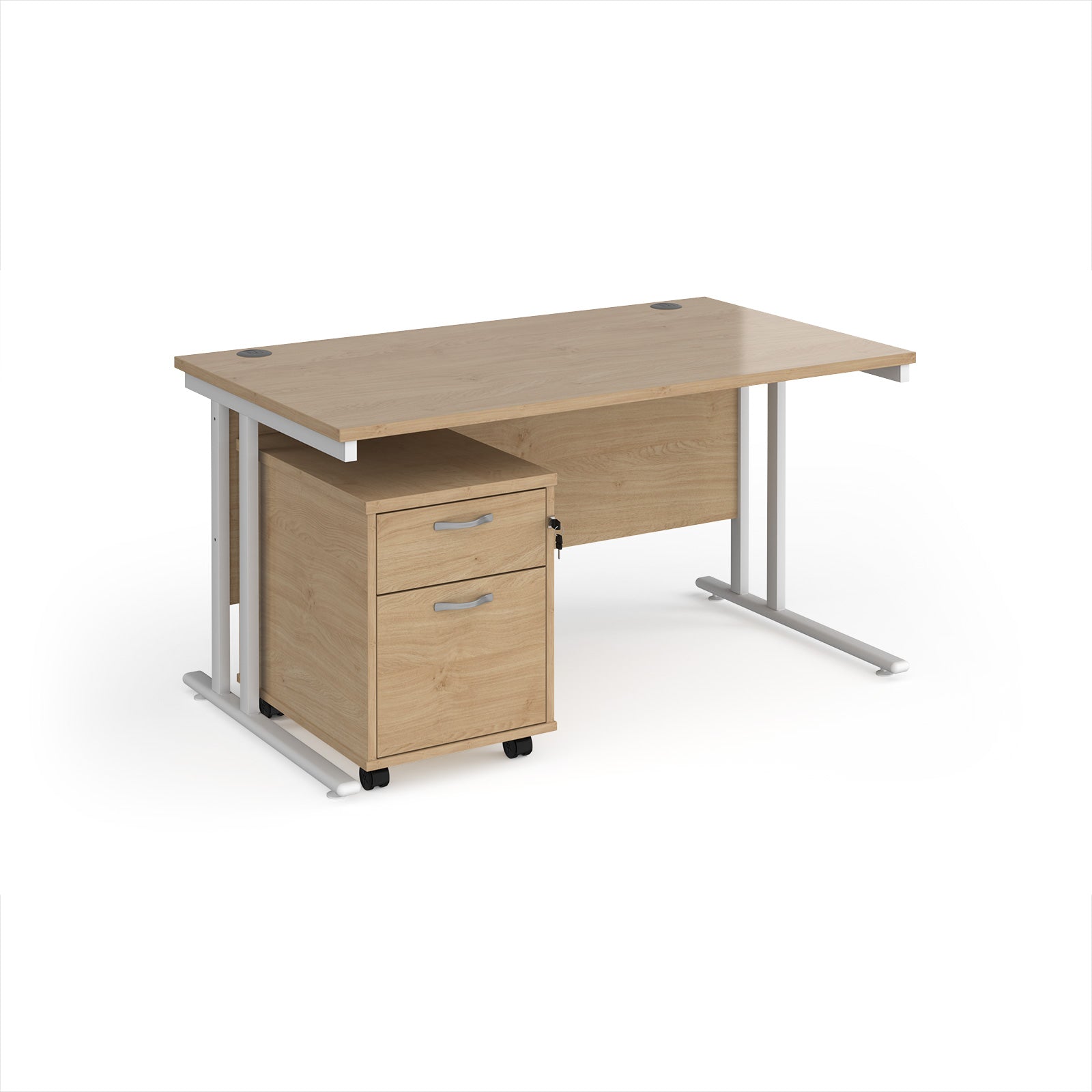 Wooden office desk with metal legs on a white background