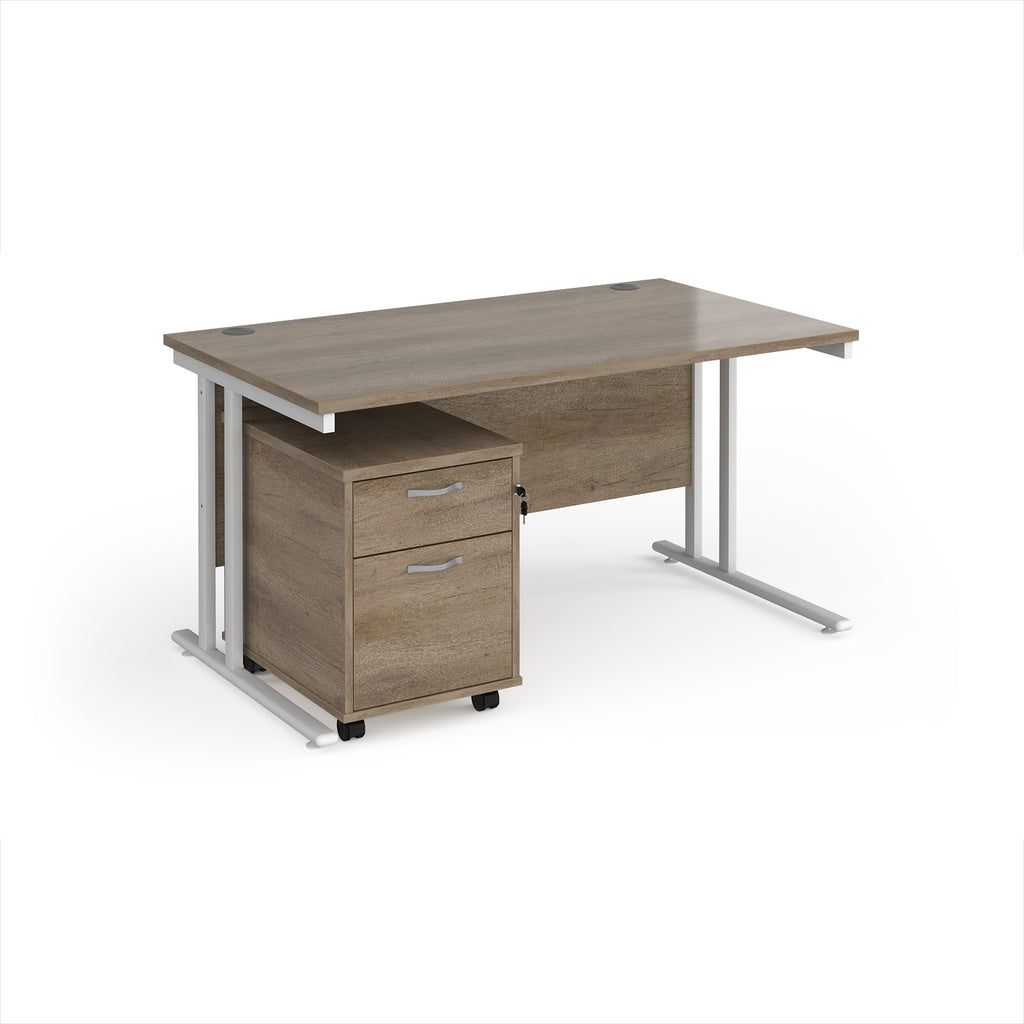 Wooden office desk with a metal frame on a white background