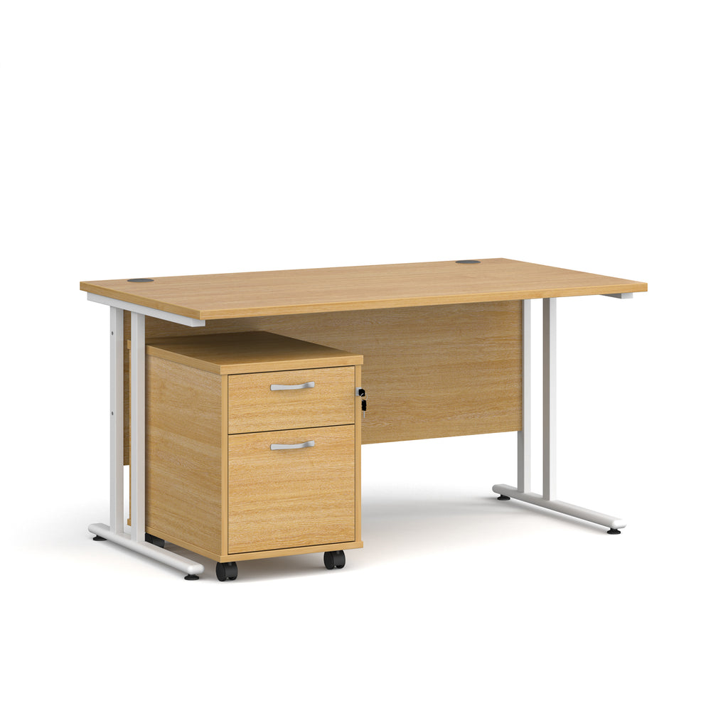 Wooden office desk with a white metal frame and a matching pedestal on a white background