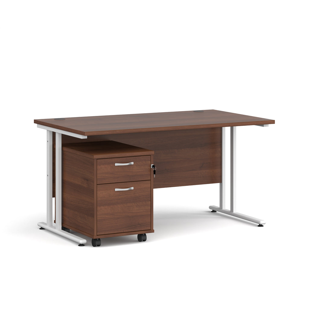 Wooden desk with a white metal frame on a white background
