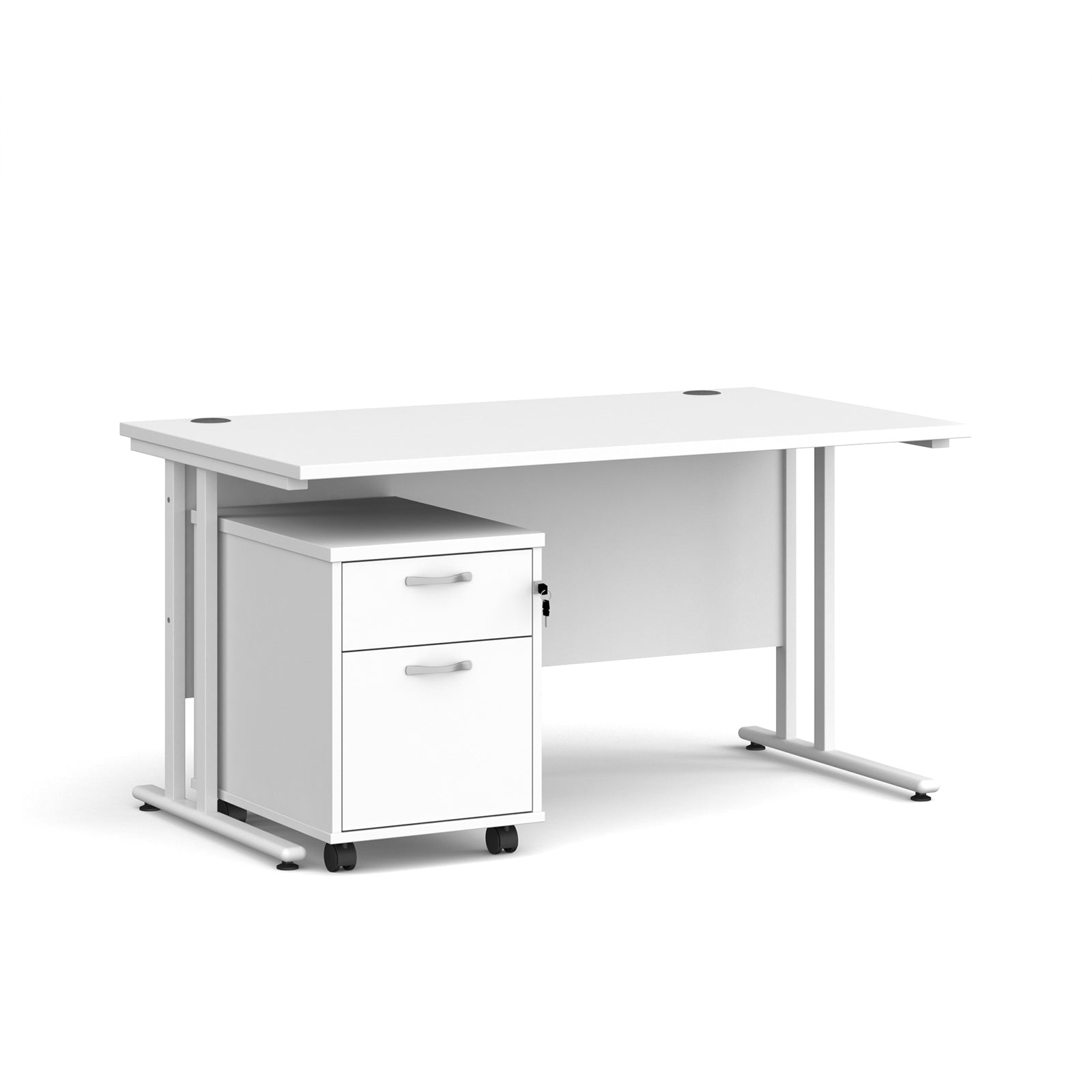 White office desk with a white pedestal on a white background