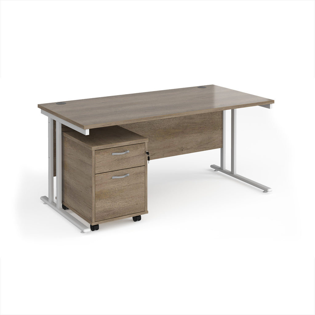 Wooden office desk with a drawer unit on a white background