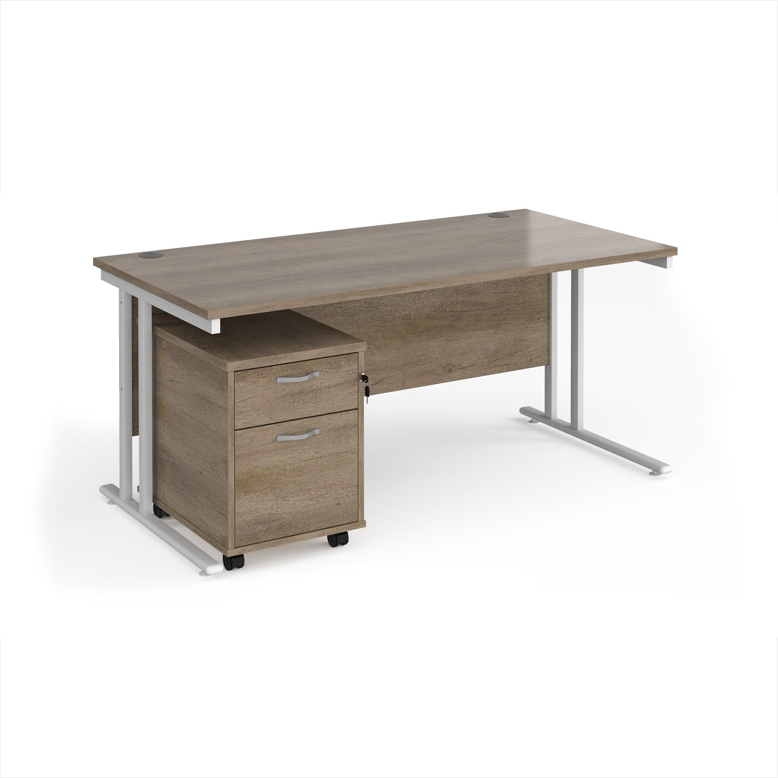 Wooden office desk with a drawer unit on a white background