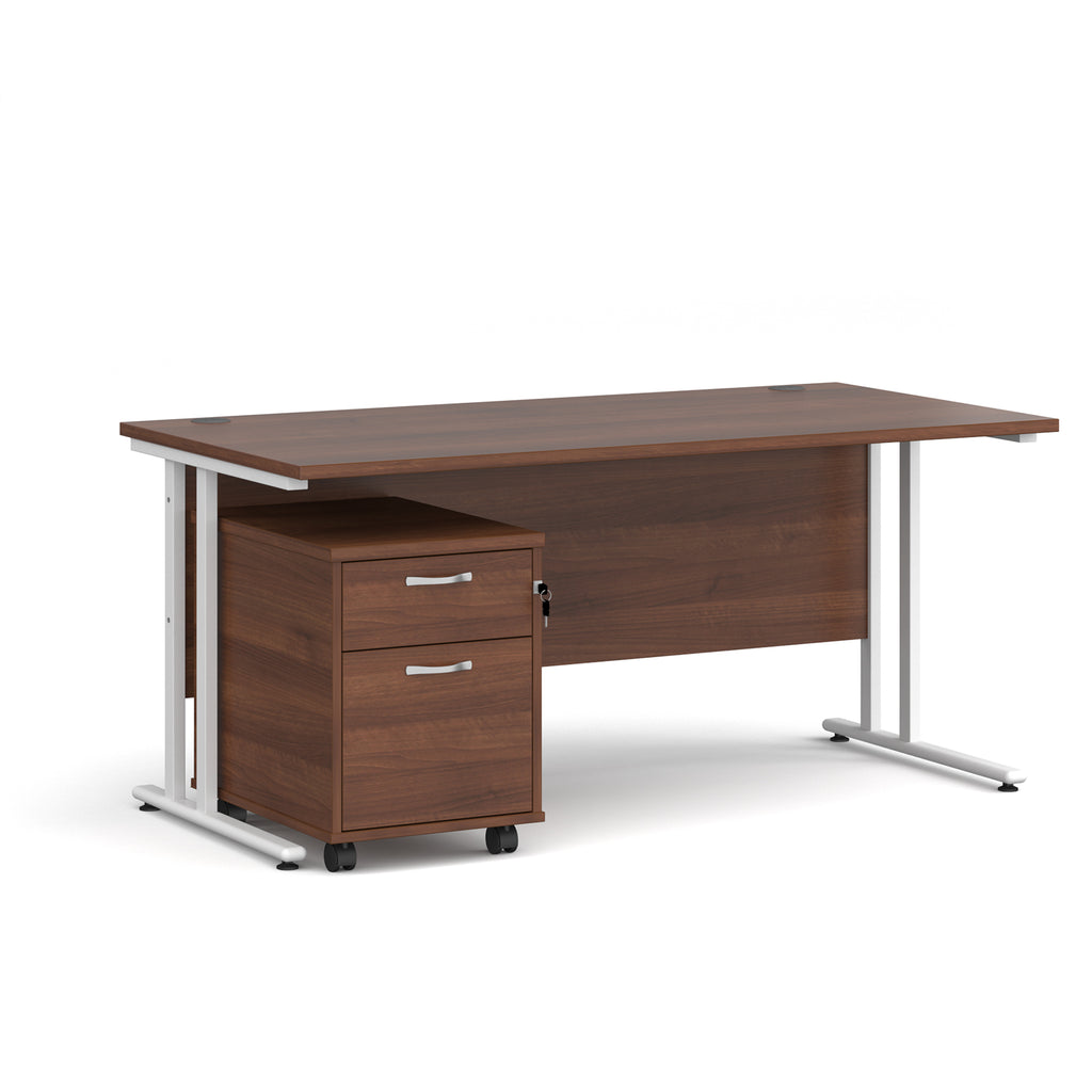 Wooden office desk with a metal frame and a matching pedestal on a white background