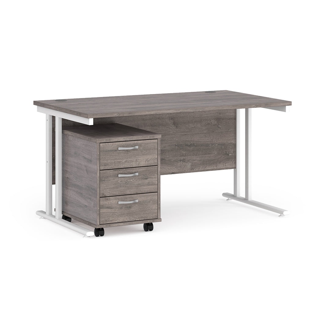 Grey office desk with a white metal frame on a white background