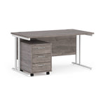 Grey office desk with a white metal frame on a white background