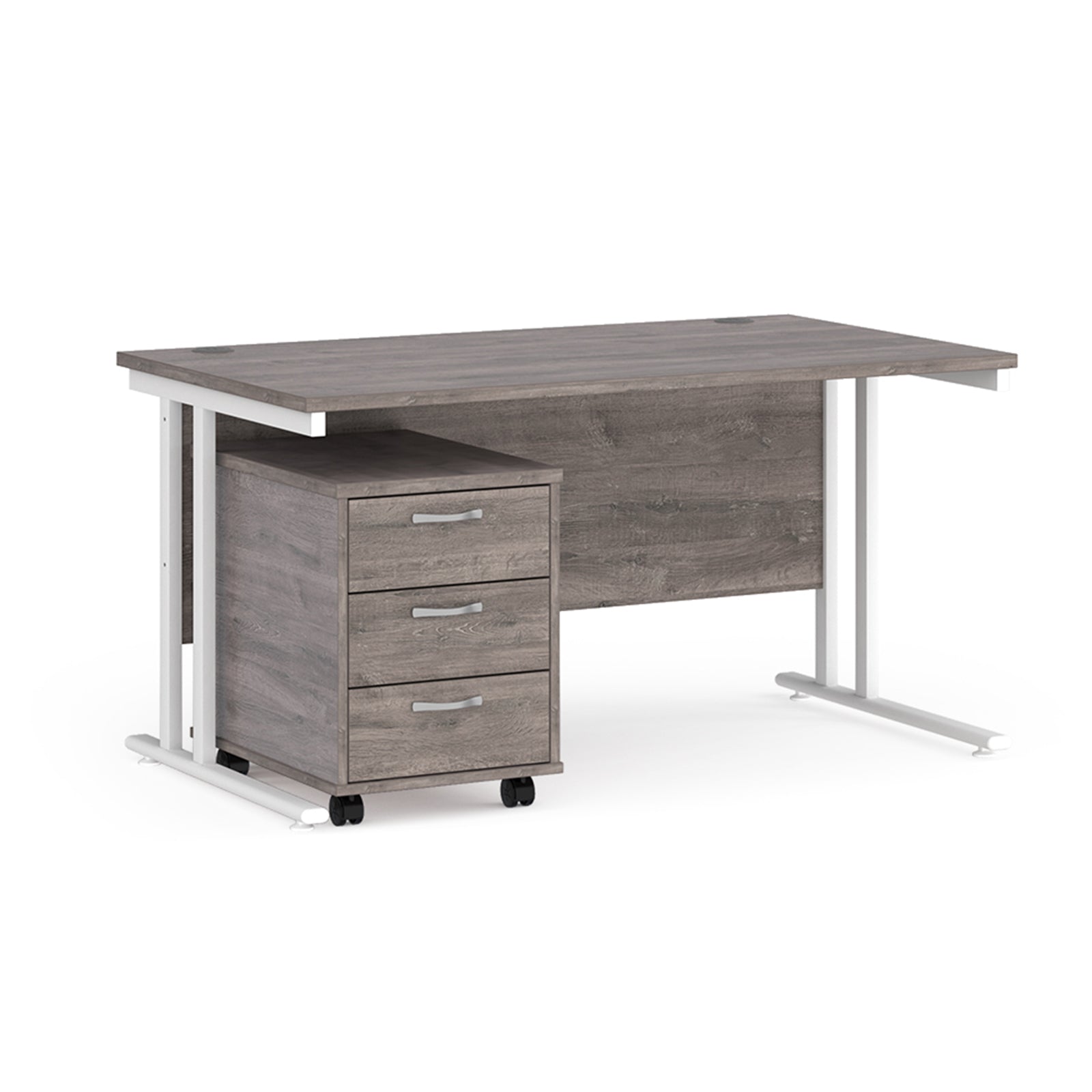 Grey office desk with a white metal frame on a white background
