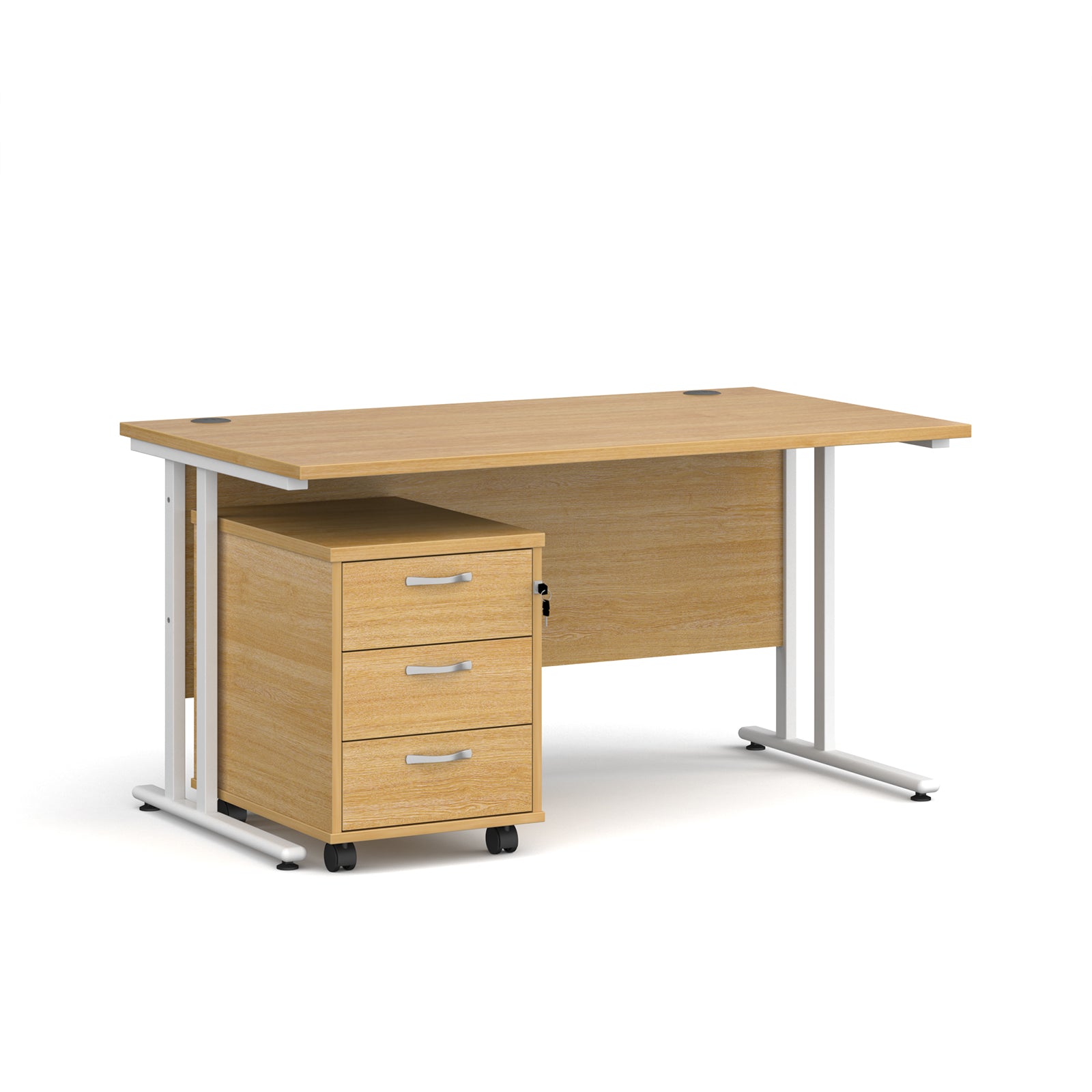 Wooden office desk with a white metal frame and a matching pedestal on a white background