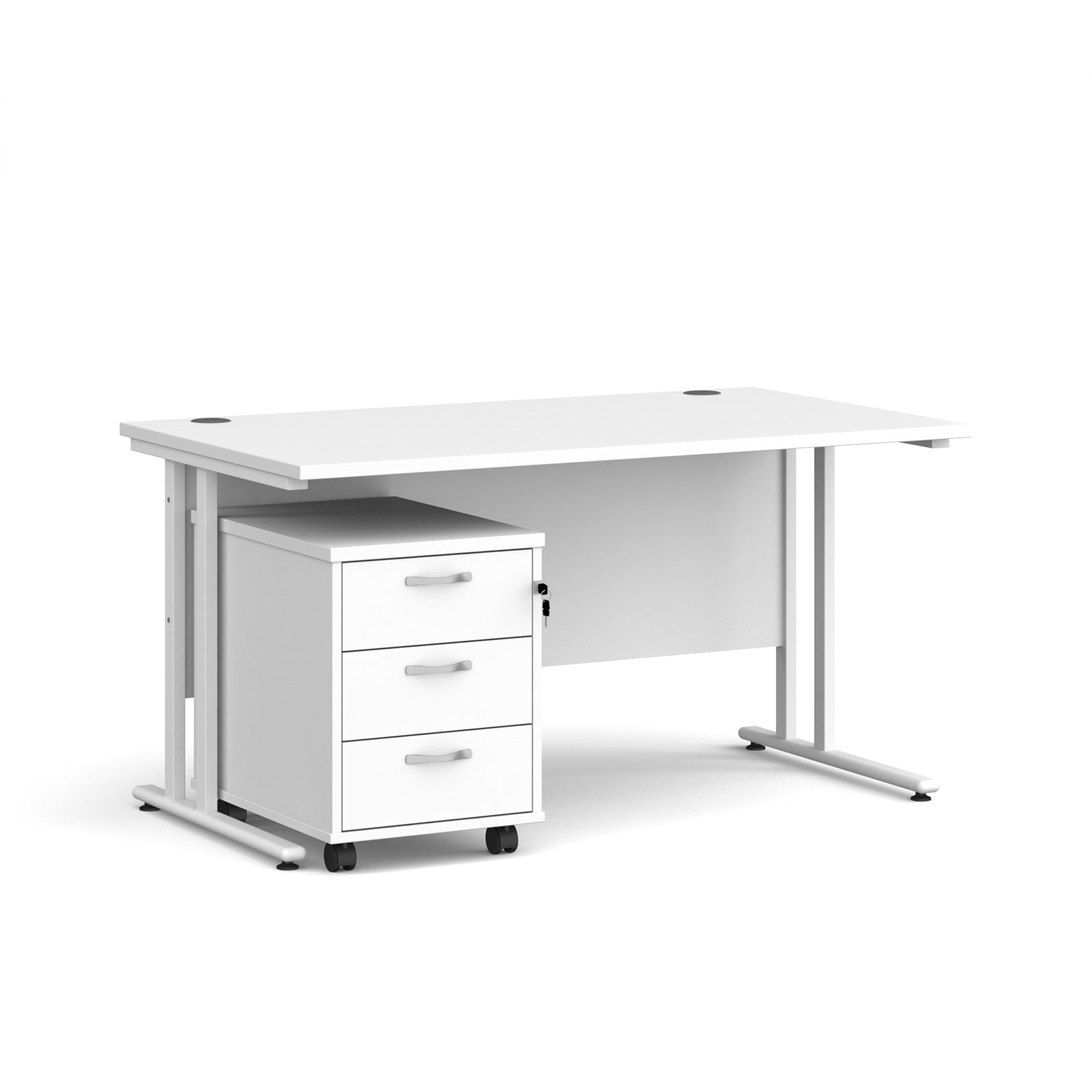 White office desk with a white pedestal on a white background