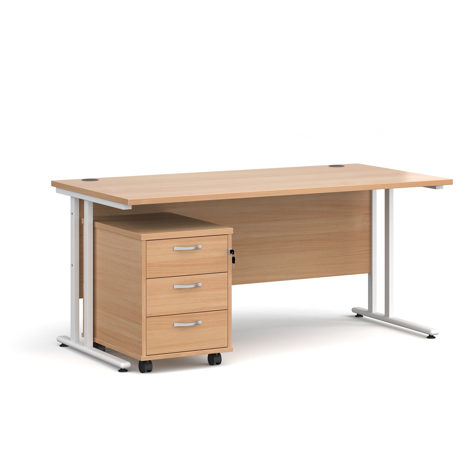 Wooden office desk with a pedestal unit on a white background