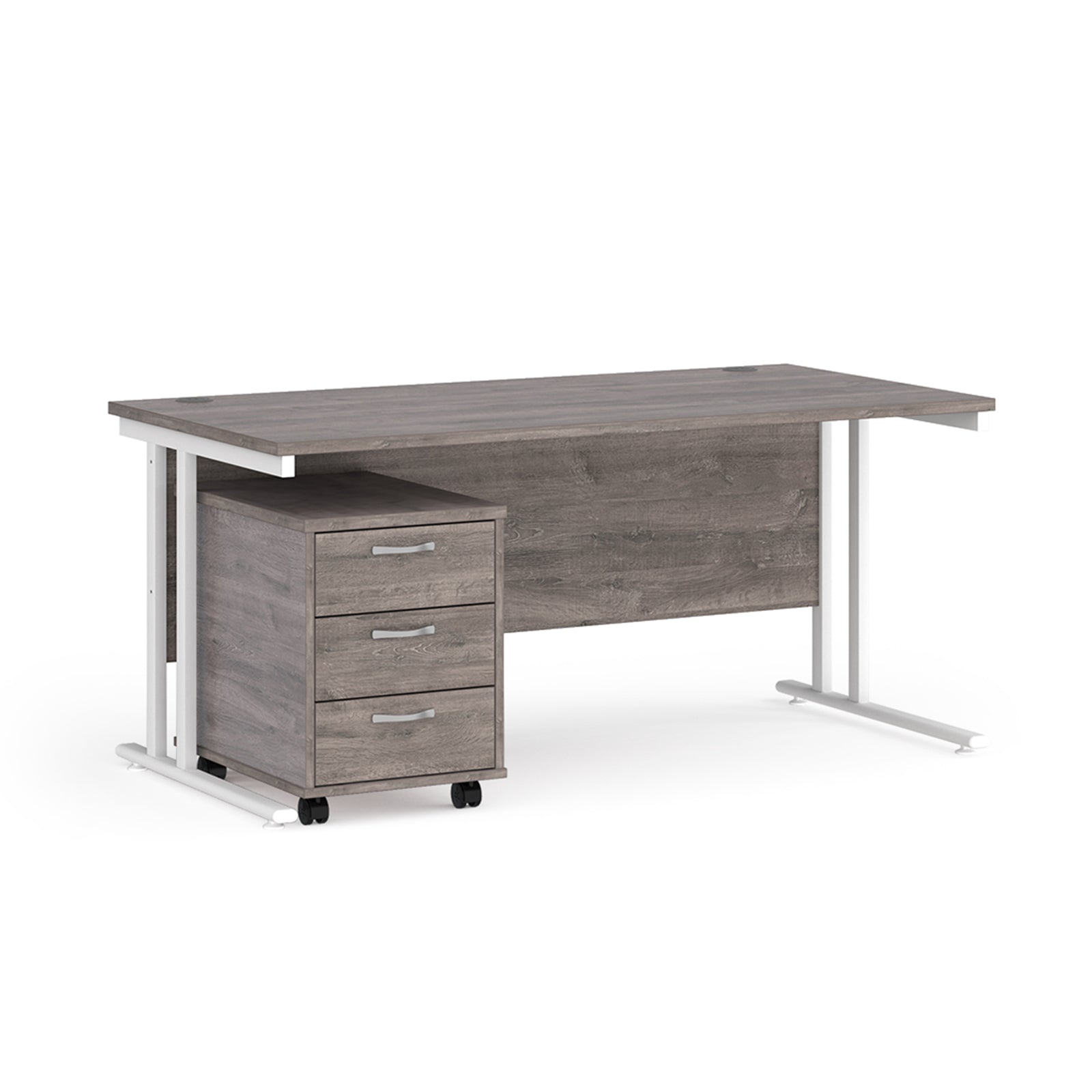 Gray office desk with three drawers on a white background