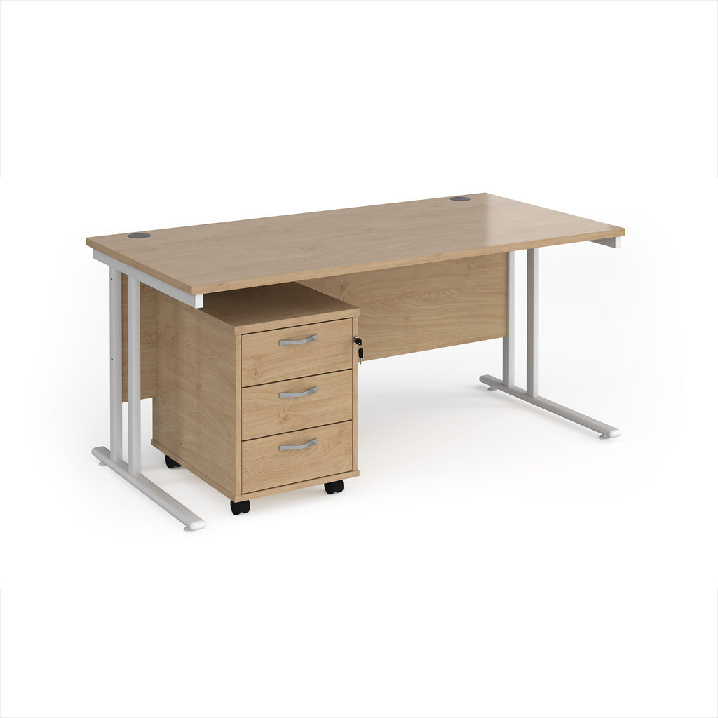 Wooden office desk with silver legs on a white background